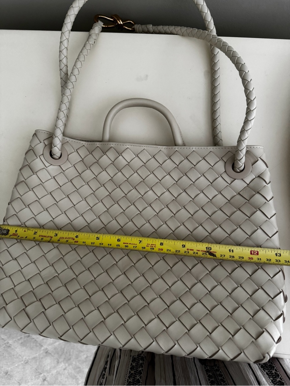 Woven Leather Top-Handle Tote in Cream with Gold Accent - Picture 8 of 9